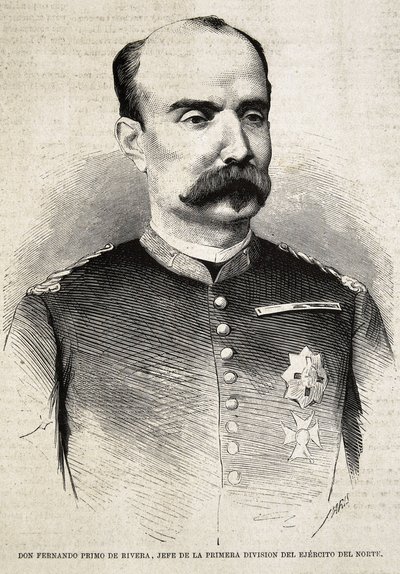 PRIMO DE RIVERA, Fernando (1831-1921). Španělský voják a politik. Fernando Primo de Rivera, který bojoval ve třetí karlistické válce. Rytina. od Artist Unknown
