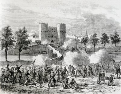 Španělsko (1868). Slavná revoluce. Útok vládních vojsk na bránu Serrans ve Valencii. Rytina z knihy "Ilustrace. Jorinal Universal". Lept od Artist Unknown