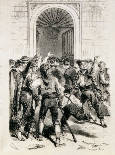 Španělsko (1873). Vyhlášení první republiky a útok na barcelonskou radnici (11. února 1873). Lept. od Artist Unknown
