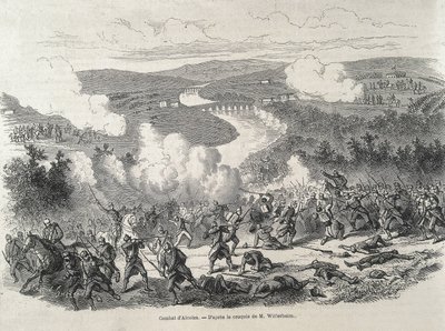 Španělsko. Revoluce v roce 1868. Bitva u Alcolea (20. září), která vyvrcholila sesazením Isabely II. z trůnu. Rytina od Artist Unknown