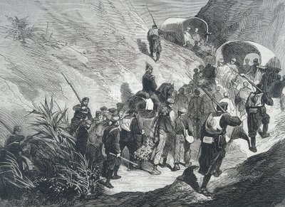 Španělsko. Třetí karlistická válka. Karlističtí zajatci na procházce po horách v Empordě (Katalánsko). Rytina. od Artist Unknown