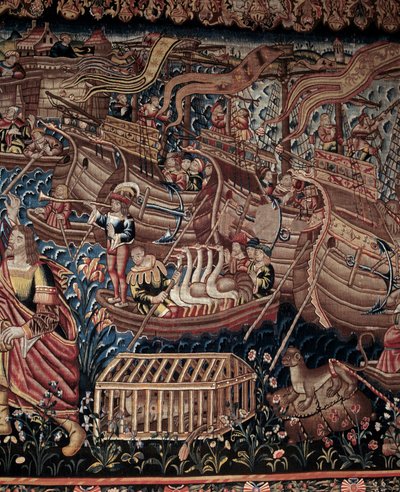 Portugalský mořeplavec Vasco de Gama (1459-1524) dorazil do indického Kaličutu v roce 1498, detail, tapiserie od Artist Unknown