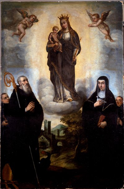 Panna Maria má Dítě se svatým Benediktem z Nursie a její sestrou Sainte Scolastique (Scholastikou), zakladatelkou řádu benediktinek Anonymní malba. Opatství Monte Cassino, Itálie od Artist Unknown