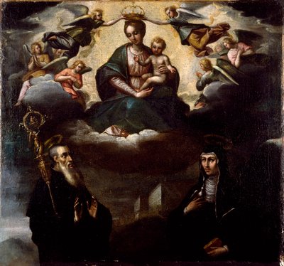 Panna Maria má Dítě se svatým Benediktem z Nursie a její sestrou Sainte Scolastique (Scholastikou), zakladatelkou řádu benediktinek Anonymní malba. Opatství Monte Cassino, Itálie od Artist Unknown