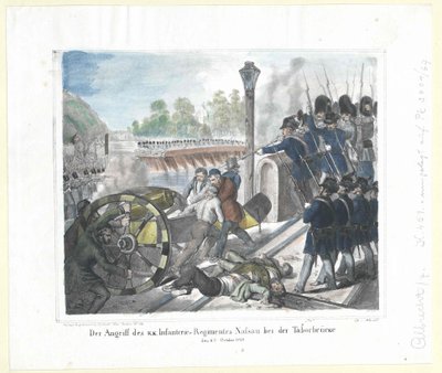 Útok na k. k. Pěší pluk Nassau u Táborského mostu (Taborbruecke) 6. října 1848 od Artist Unknown