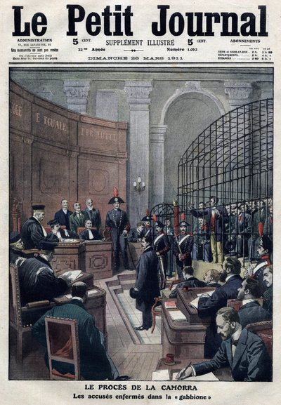 Proces s Camorrou (neapolskou mafií): obvinění Erriconeho v "gabbione" před soudem ve Viterbu v Itálii za vraždu Gennara Cuocola a jeho manželky. od Artist Unknown
