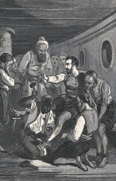 Trinidadští bratři Juan Gil a Anton de la Bella propustili Cervantese ze zajetí v Alžíru v roce 1580 (rytina) od Artist Unknown