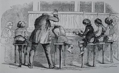 SPOJENÉ KRÁLOVSTVÍ. ANGLIE. Průmyslová revoluce. Děti používající stroje v textilní továrně. Rytina. od Artist Unknown