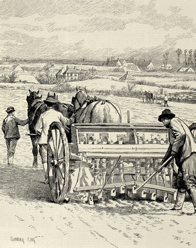 SPOJENÉ KRÁLOVSTVÍ. ANGLIE. Průmyslová revoluce. Vrtací stroj vynalezený Jethro Tull. Setí ječmene v únoru. Kresba Gunninga Kinga zveřejněná v "The Illustrated London News". Rytina. od Artist Unknown