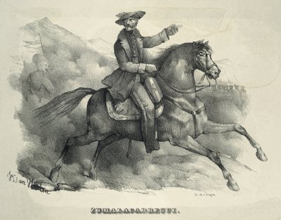 ZUMALACARREGUI, Tomas (1788-1835). Karlistický generál. Španělsko. První karlistická válka. Zumalacarregui na koni. Rytina. od Artist Unknown