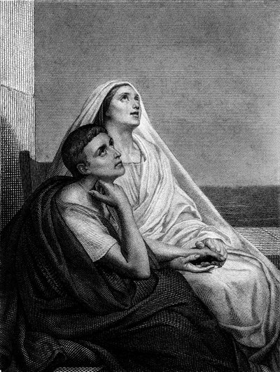 Svatá Monika se svatým Augustinem - na frontispisu Historie svaté Moniky od abbé Bougauda, ​​Librairie Poussielgue 1866 od Ary Scheffer