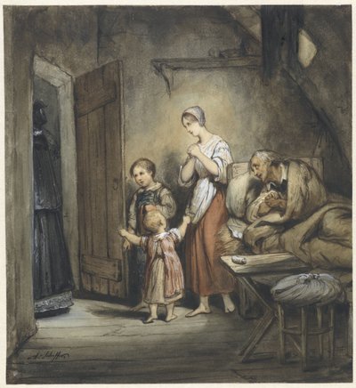 Nemocný muž v posteli s manželkou a dvěma dětmi vedle něj od Ary Scheffer