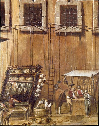 Místo soudu Vicaria v Neapoli v době revoluce Masaniello Zločinci jsou soudci před vchodem - Detail představující prodejce chleba a ryb - Obraz Ascanio Luciani (asi 1621-1706) Neapol, Museo Nazionale di San Ma od Ascanio Luciani
