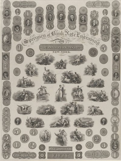 Vzorový list gravírování bankovek, ca. 1828. od Asher Brown Durand