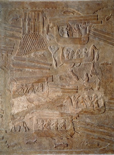 Umění Mezopotámie (Asýrie): nádvoří paláce asyrského krále Sargona II. (721 - 705 př. n. l.) převoz cedrového dřeva z Libanonu. Paříž, Musee du Louvre od Assyrian