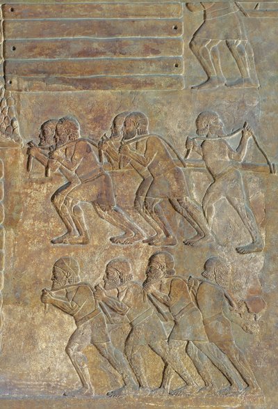 Detail reliéfu znázorňujícího skladování dřeva na břehu před přepravou po moři, z paláce Sargon II, Khorsabad, Irák od Assyrian