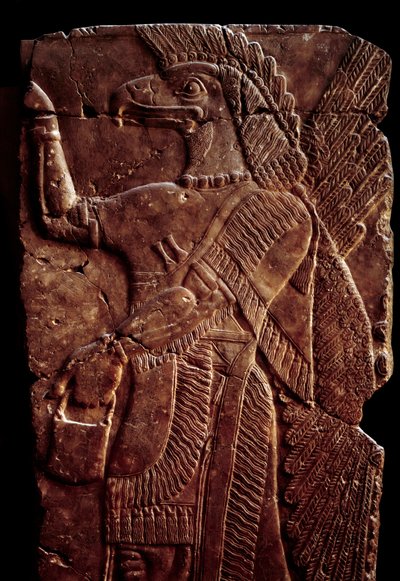 Orientální starožitnosti: detail reliéfu albastra představujícího ochranné křídlo džina s lidským tělem a hlavou orla, od paláce Sargona II. nebo Sharroukina, krále Asýrie, po Dur-Sharrukin (dnešní Khorsabad (Khunsabad) (Mezopotámie), Irák . od Assyrian