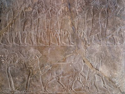 Orientální antika: detail basreliéfu ve vápenci: hudebníci brnění Assurbanipal nebo Ashurbanipal, král Asýrie (Mezopotámie) (669 př.nl-627 př.nl). 640 před naším letopočtem. Z Ninive. Paříž, muzeum Louvre od Assyrian