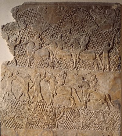 Orientální umění starověku: bitevní scéna. Nízký reliéf Assurbanipal Palace, Asýrie (7. století před naším letopočtem). Paříž, Musee du Louvre od Assyrian