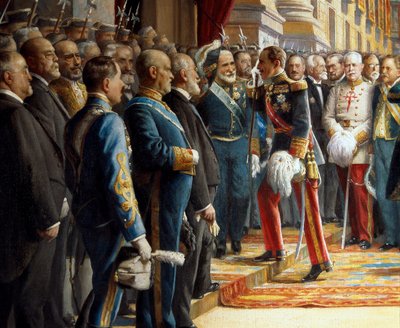 Otevření Cortes v Senátu, detail Alfonso XIII ze Španělska (1886-1941) vítá Antonia Maura y Montaner (1853-1925) při vstupu do Senátu, 24. června 1920 od Asterio Mañanós Martínez