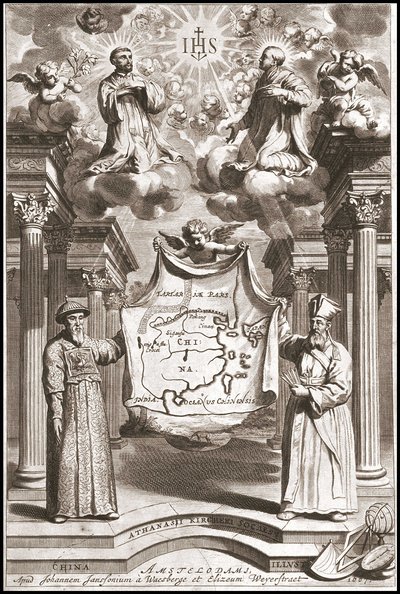 Adam Schall (vlevo) a Matteo Ricci (vpravo) v kostýmu čínského mandarína, frontispice „Čína“ od Athanase Kircher (nebo Athanasius Kircheri) od Athanasius Kircher