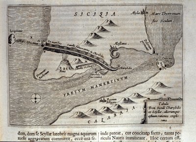Kartografické znázornění Charybde““ a „Scylla““ v Detroitu Messina, Sicílie“““ Rytina z „Mundus Subterraneus““ od Athanasius Kircher (1601-1680), jezuita, orientalista a učenec 1682 od Athanasius Kircher
