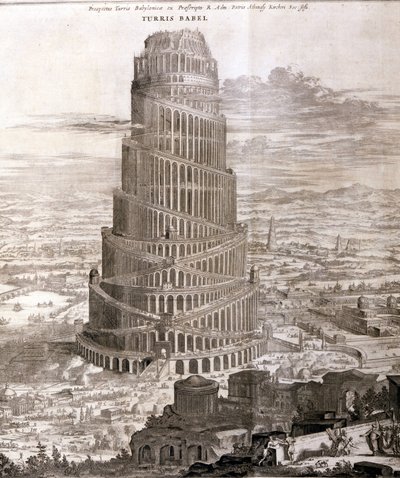 Babylonská věž. Rekonstrukce Athanasius Church v jeho díle "Turris Babel" o této věžové budově a historii raného lidstva. od Athanasius Kircher