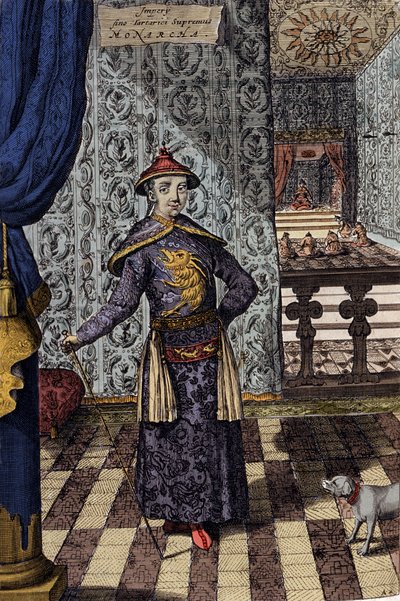Čínský císař a nejvyšší vládce Tatarů - čínský císař Kangxi (1652-1722) dynastie Čching, rytina Athanasius Kircher (1601-1680) z „“ China Monumentis, qua sacris qua profanis“““ 1667 – čínský císař Kangxi (16522 -1722) dynastie Čching, od Athanasius Kircher