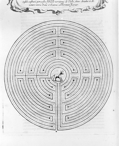 Bludiště Cnossos navržené Dedale - Uprostřed je minotaurus - "Turris Babel" od Athanase Kircher - Amsterdam od Athanasius Kircher