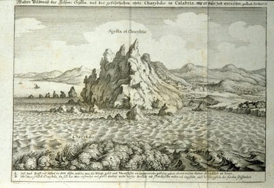 Pohled na skály „“ Charybde““ a „“ Scylla““ v Detroitu Messina, Sicílie“““ Rytina z „“Mundus Subterraneus““ od Athanasius Kircher (1601-1680), jezuita, orientalista a učenec 1682 od Athanasius Kircher