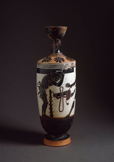 Řecké umění: “”Hérakles a Atlas”” Detail Hérakla (Herkula) Lekythos (lecyth) bílý realizovaný malířem Athény (450-400 př.nl). Athény, Národní archeologické muzeum od Athena Painter (workshop of)