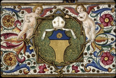 Misál Thomase Jamese: detail komisařova erbu: "Or, on the chief azure a rose Or". od Attavante degli Attavanti