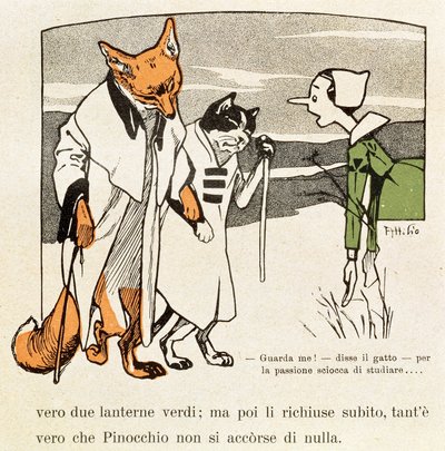Pinocchio potkává kočku a lišku od Attilio Mussino