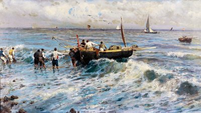 Přímořská krajina s rybáři (malba) od Attillo Pratella