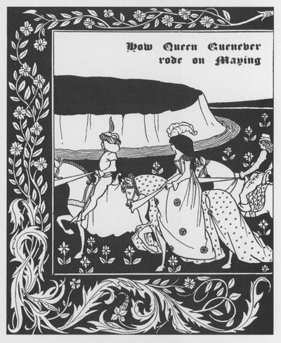 Artušovská legenda: „“ Queen Guenievre Queen of May”” Rytina do „“The Morte of Arthur”” od Sira Thomase Maloryho, vydání ilustrované Aubrey Beardsley (1872-1898) 1893-1894 (Arthurianská legenda: královna Guenever (Guinevere) maying , ilustrace Aubrey Beard od Aubrey Beardsley