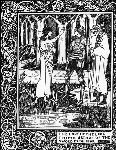 Artušovská legenda: „Paní jezera (poplatek Vivian) učí Arthura existenci lodi Excalibur““ Rytina v „Le Morte d