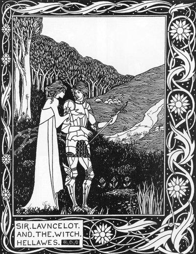 Sir Launcelot a čarodějnice Hellawes (Lancelot a čarodějnice Hellawes) Ilustrace Aubrey Beardsley (1872-1898) z knihy Thomase Maloryho „The Death of Arthur“ od Aubrey Beardsley