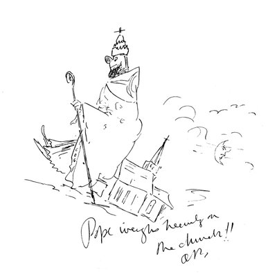 „Papež těžce tíží církev“, c. 1893 (pero a inkoust) od Aubrey Beardsley