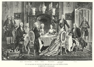 Banket na počest Mozarta v Schikanederově domě (litho) od August (after) Borckmann