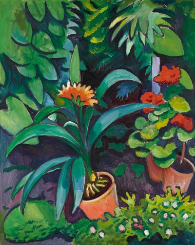 Květiny v zahradě, klivie a pelargonie od August Macke