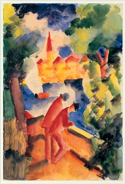 Dva muži se paže na zábradlí s výhledem na jezero 1914 (akvarel) od August Macke