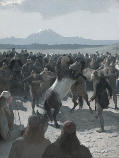 Příběh spáleného Njálla: Koňský souboj v Hliðarendi, 80. léta 19. století. od August Malmström