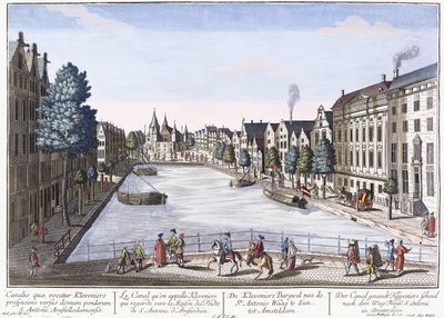 Vue of Kleveniers Canal, Amsterdam, cca 1740-1770 (ručně kolorovaná rytina) od August Vindel