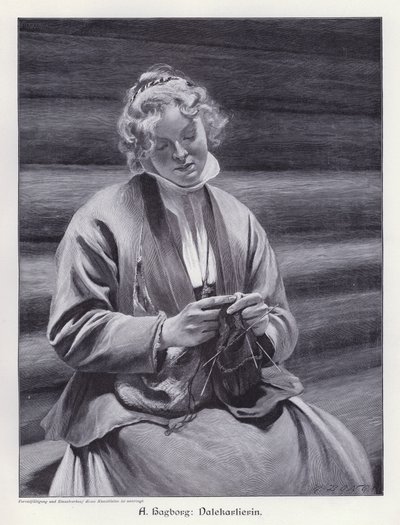 Portrét ženy pletení (rytí) od August Wilhelm Nikolaus Hagborg