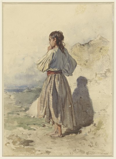 Maďarská žena, stojící tři čtvrtiny vlevo, při pohledu zezadu od August Xaver Carl von Pettenkofen