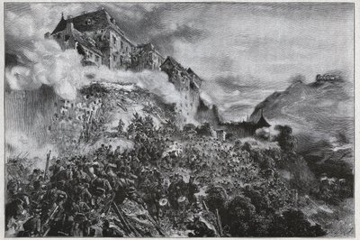 Maďarská revoluce 1848-1849: Maďarskí rebelové zaútočili na Budínský (Troubový) hrad 21. května 1849 - po litografii Augusta von Pettenkofera od August Xaver Karl von Pettenkofen