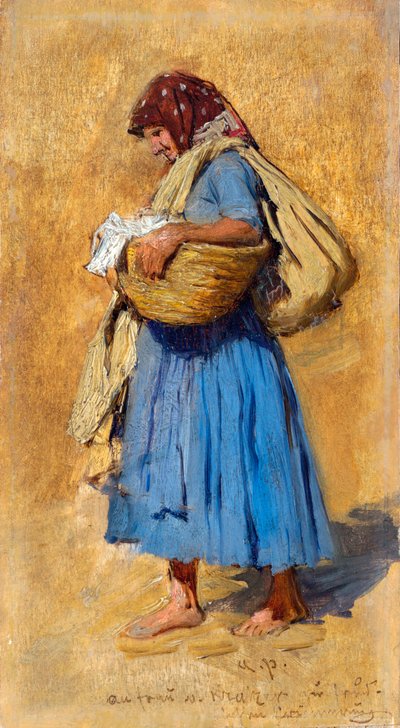Farmářova žena smrká - Obraz Augusta Rittera von Pettenkofena (1821-1889), olej na dřevě (15,4x8,4 cm), cca 1871-1874 - Leopold Museum, Vídeň (Rakousko) od August Xaver Karl von Pettenkofen