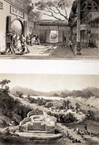 Vnitřní pohled na Velký chrám v Macau a hrobku a vesnici mezi zálivy Hong Kong a Cowloon, desky 8 a 7 z „Sketches of China“, vyryté Eugenem Cicerim (1813-90) 1842 (tónované litho) od Auguste (after) Borget