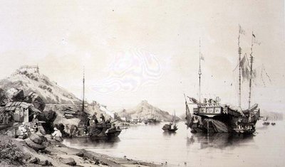 Pobřeží Macaa při přílivu, deska 12 z „Sketches of China“, vyryla Eugene Ciceri (1813-90) 1842 (tónované litho) od Auguste (after) Borget