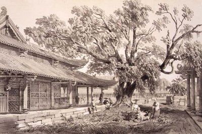 Buddhův chrám na předměstí Honan v Kantonu, deska 24 z „Sketches of China“, vyryl Eugene Ciceri (1813-90) 1842 (tónované litho) od Auguste (after) Borget
